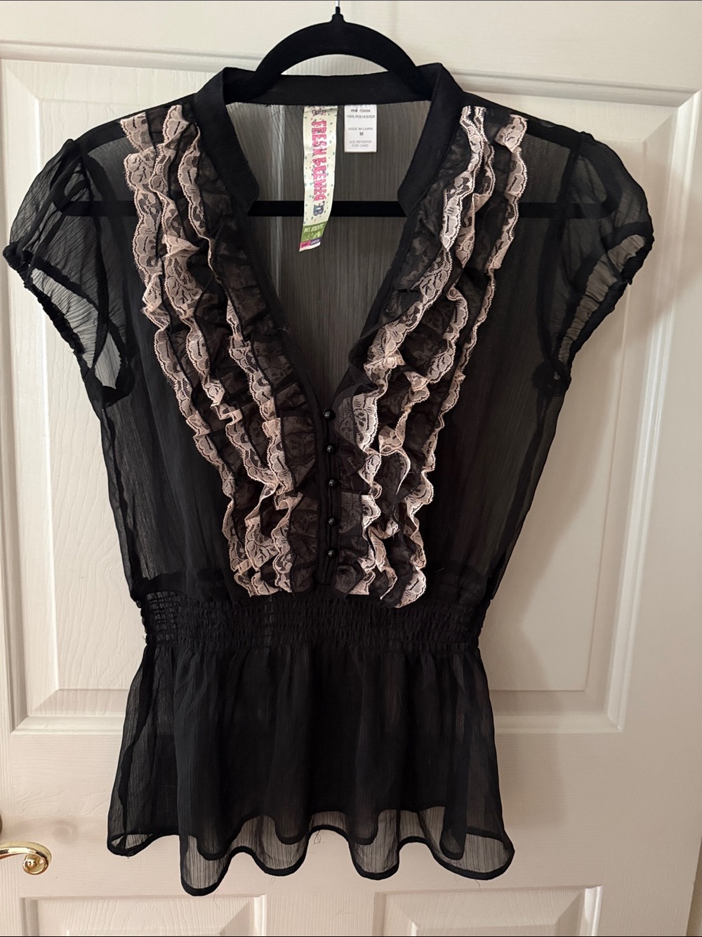 Sheer Black Blouse with Cream Lace Ruffle Trim - Feminine V-Neck Top